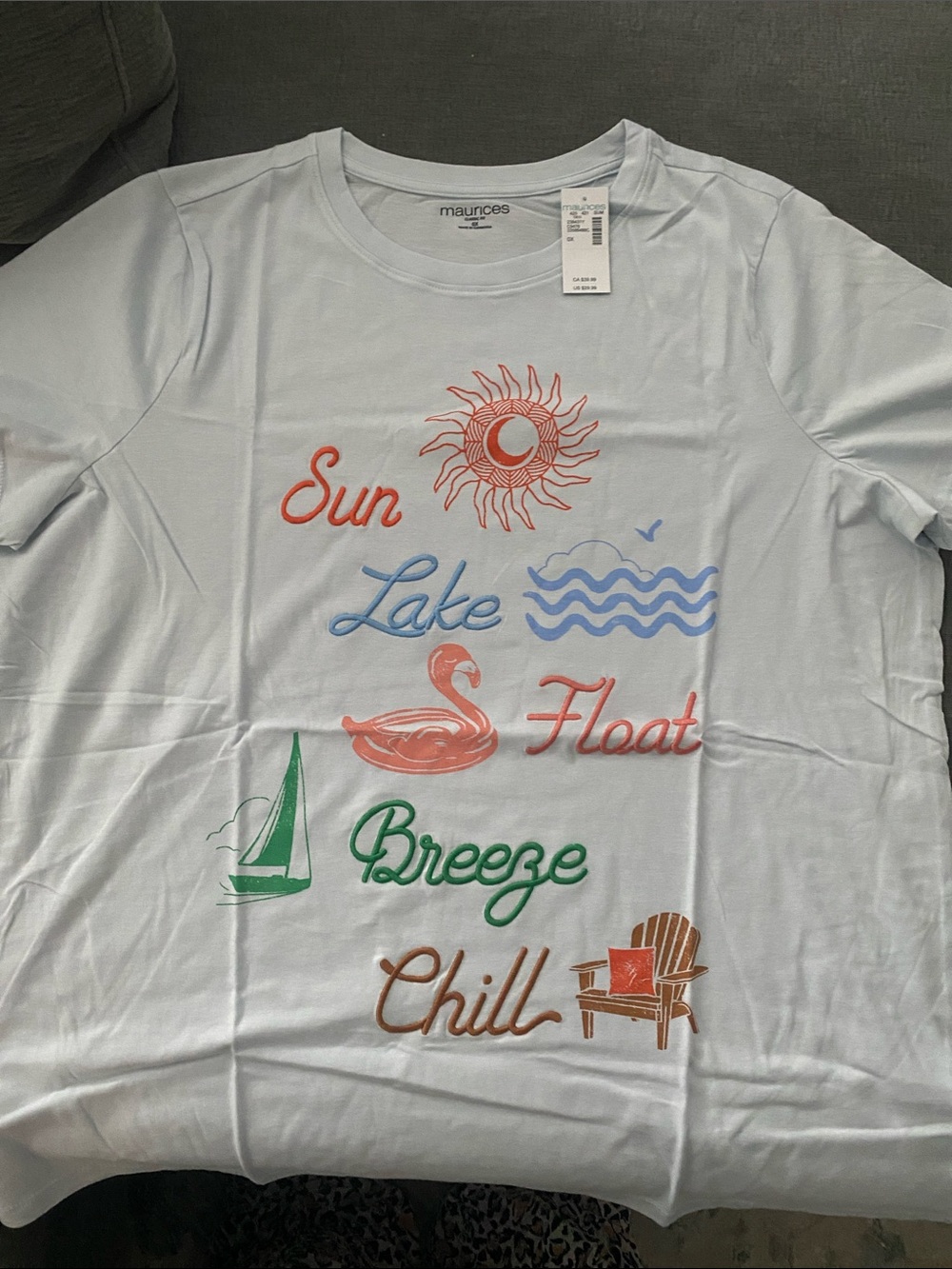 Maurices Light Blue Womens Graphic Tee with Coral, Blue, Green & Brown Prints